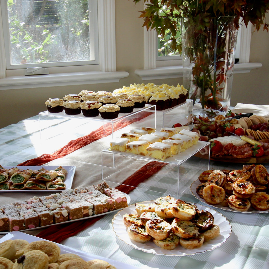 Acrylic Cube Table Riser Set - Clear (3pc), on table display with cakes