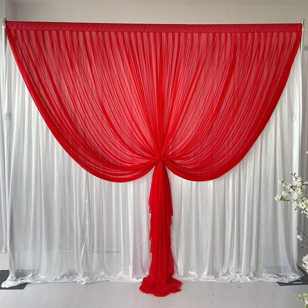 Beauty Organza Backdrop Curtain with Satin Silk Backing 3mx3m - Red & White, front layer tied up in centre