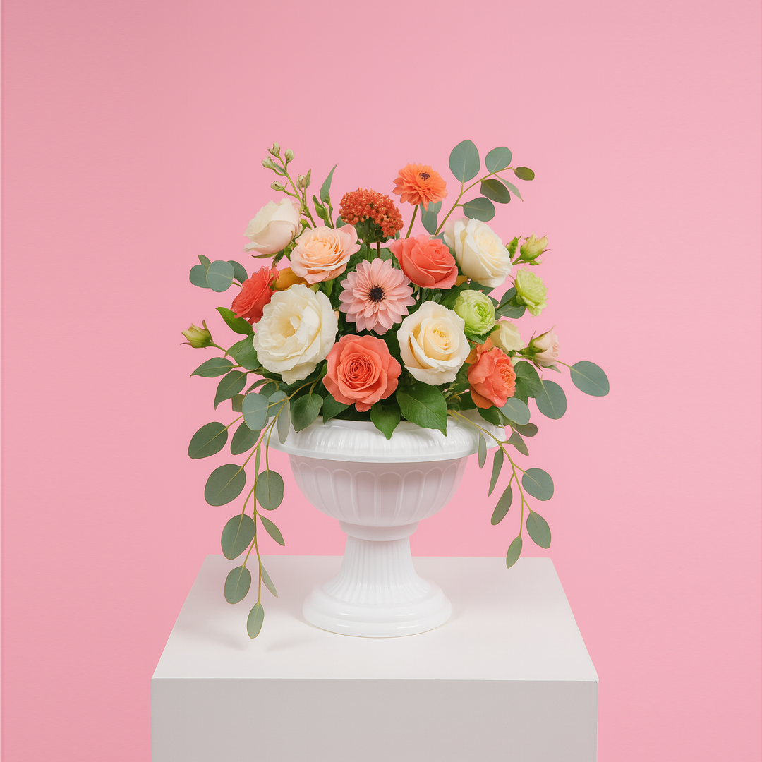 Vintage Urn Centrepiece Vase  (14cmH) with flower arrangement