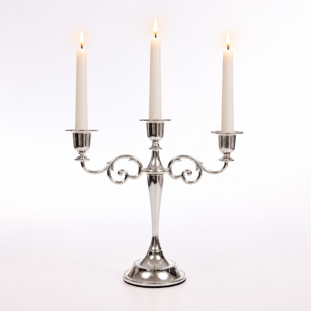 3 Arm Antique Candelabra - Silver (26cm) with lit taper candles