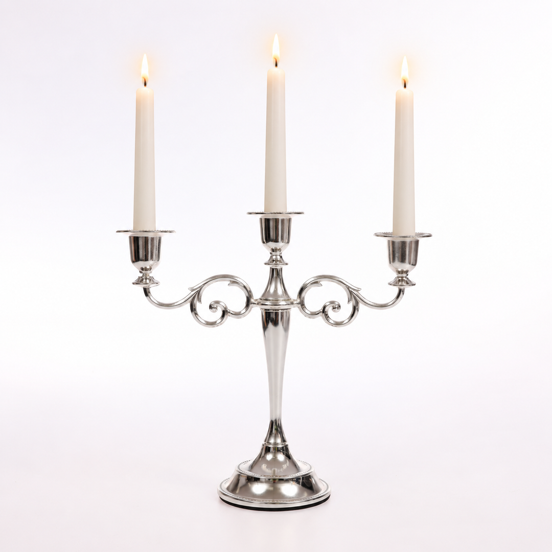 3 Arm Antique Candelabra - Silver (26cm) with lit taper candles