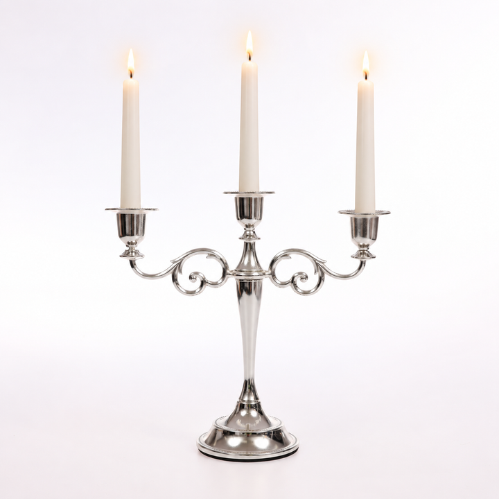 3 Arm Antique Candelabra - Silver (26cm) with lit taper candles