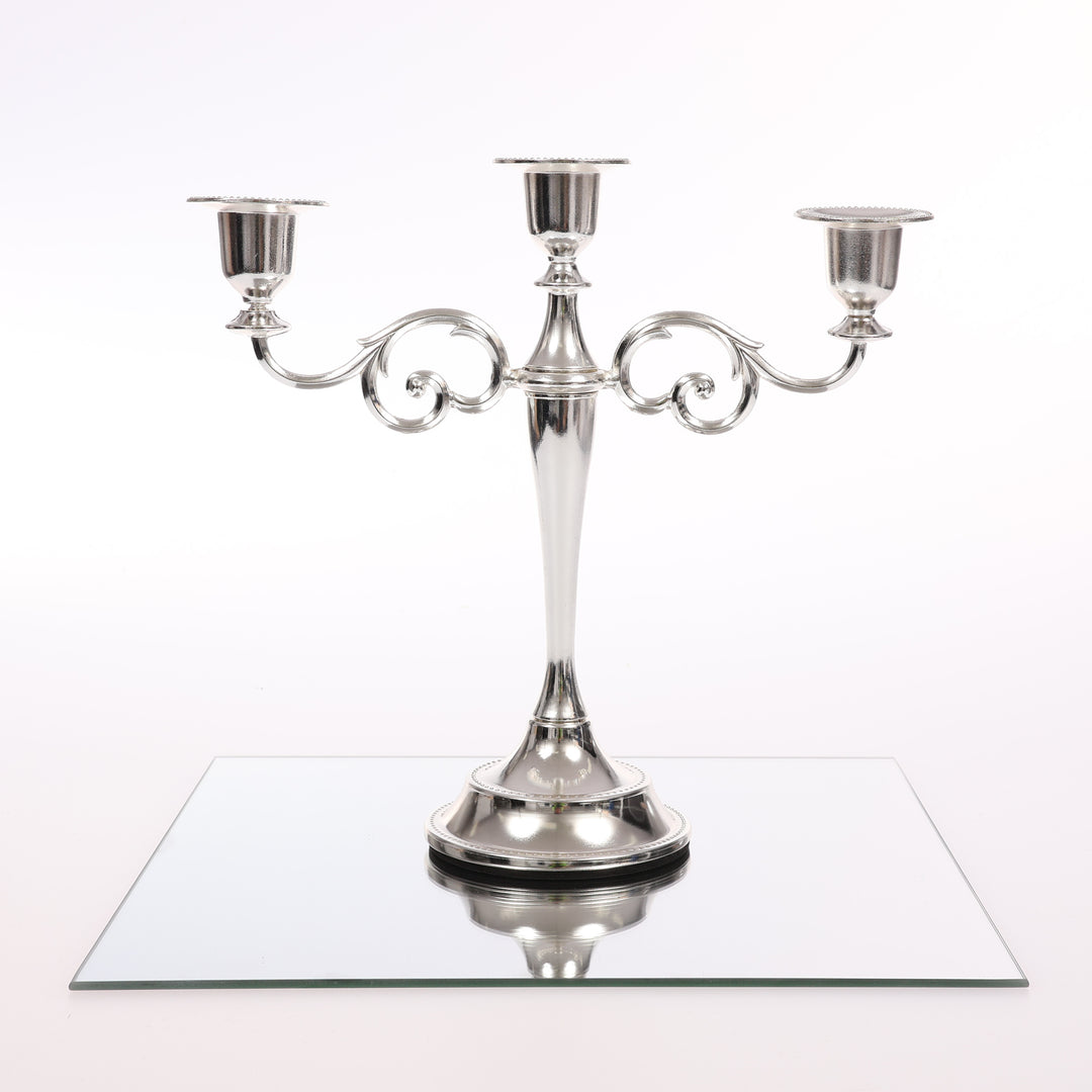 3 Arm Antique Candelabra - Silver (26cm) on a square mirror centrepiece