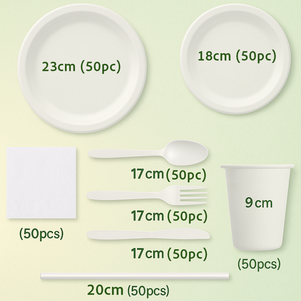 Biodegradable Dinner Set - White - Plates, Cutlery, Napkins, Cups & Straws (400pc) sizes