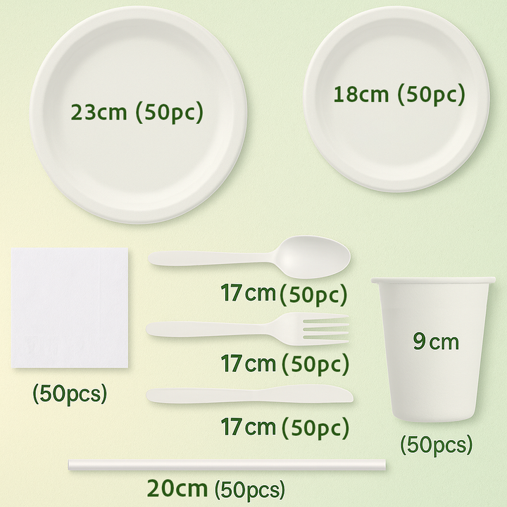 Biodegradable Dinner Set - White - Plates, Cutlery, Napkins, Cups & Straws (400pc) sizes