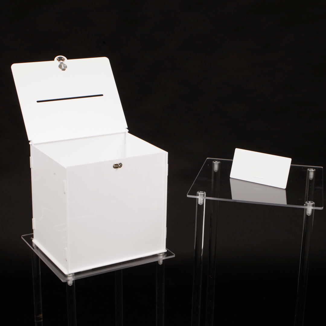 White Acrylic Wishing Well Wedding Card Box open and sign