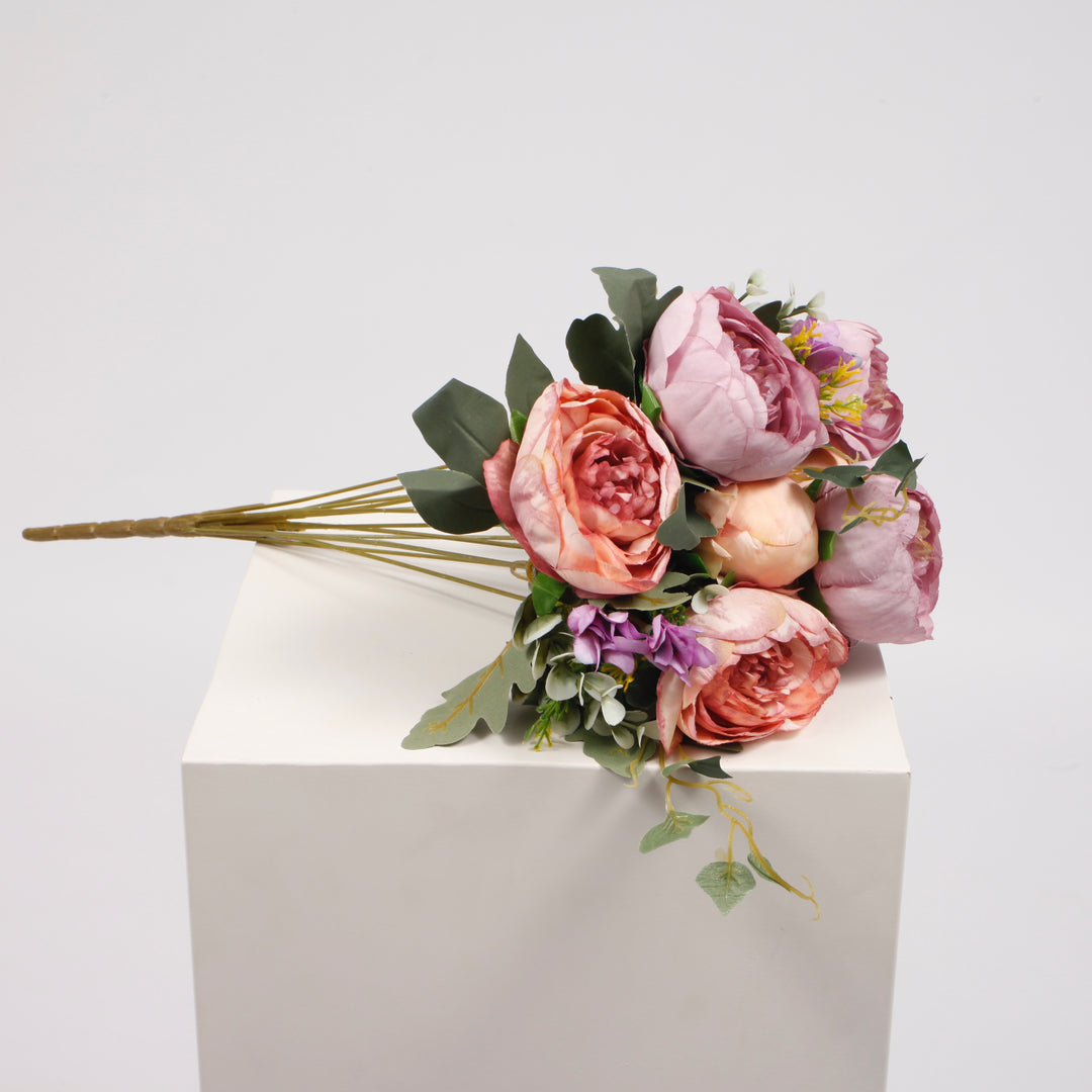 Artificial Rose Flower Bouquet (10cm heads) - Blush Peach and Mauve - Spray Style