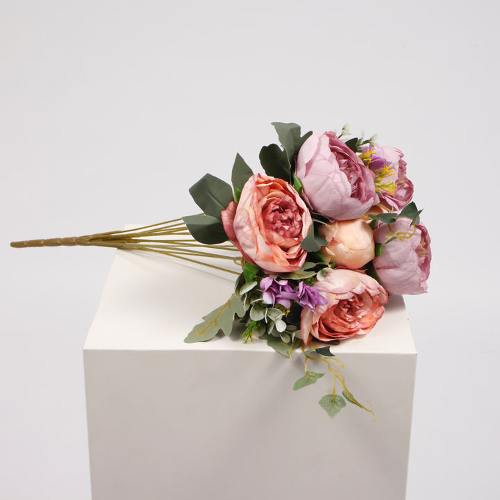 Artificial Rose Flower Bouquet (10cm heads) - Blush Peach and Mauve - Spray Style