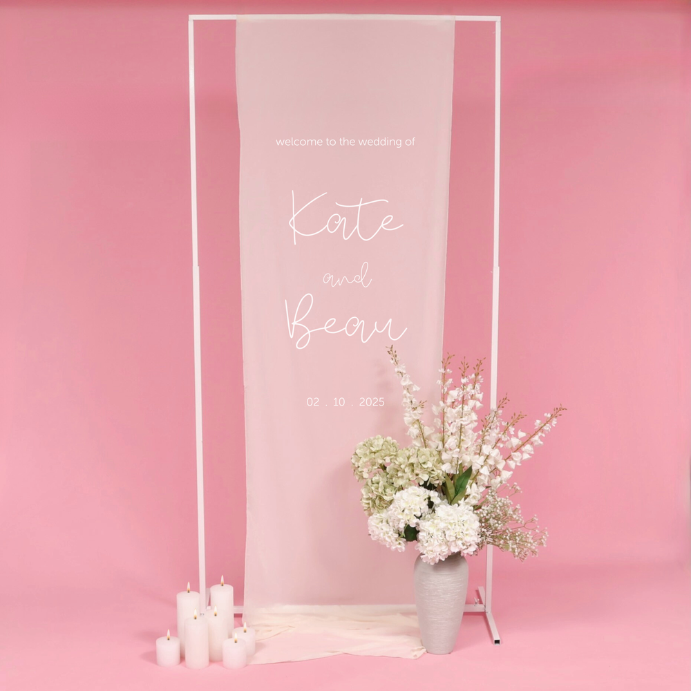 Height Adjustable Freestanding Sign / Frame - White (1x2.3m), decorated with flowers, candles and ivory chiffon sign