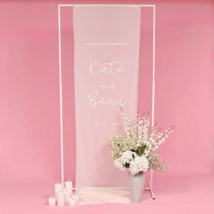 Height Adjustable Freestanding Sign / Frame - White (1x2.3m), decorated with flowers, candles and ivory chiffon sign