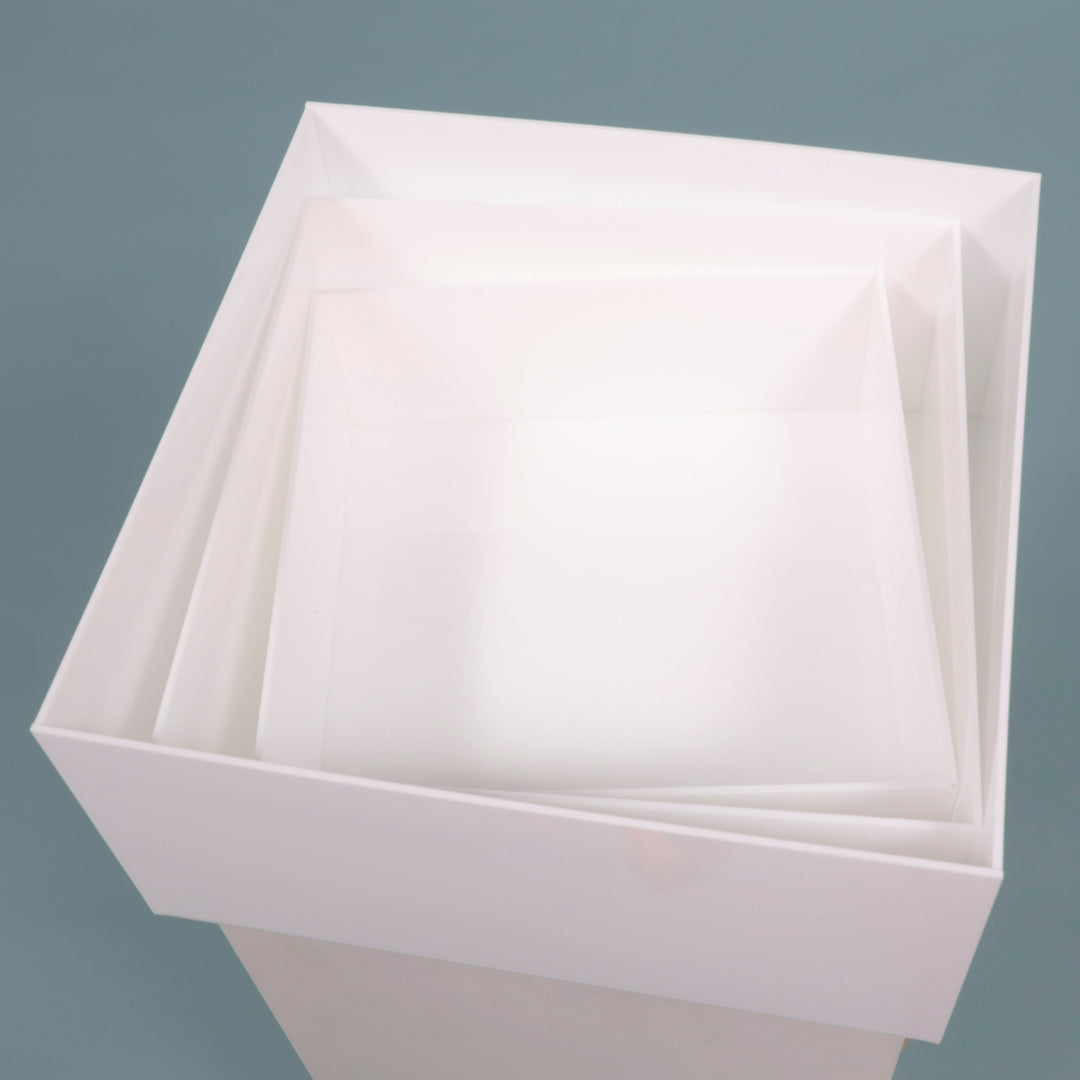 Acrylic Cube Table Riser Set - White (3pc) packaged in threes