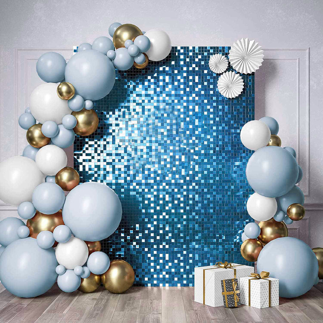 Sequin Shimmer Wall Backdrop & Frame Package - Blue - party display with balloon garland