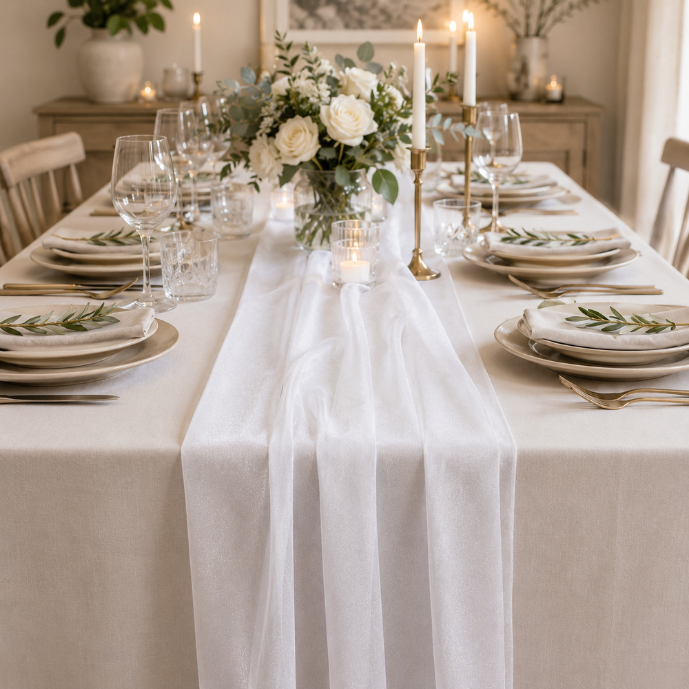 Sheer Stretch Crepe Chiffon Table Runner - White ambiant setting