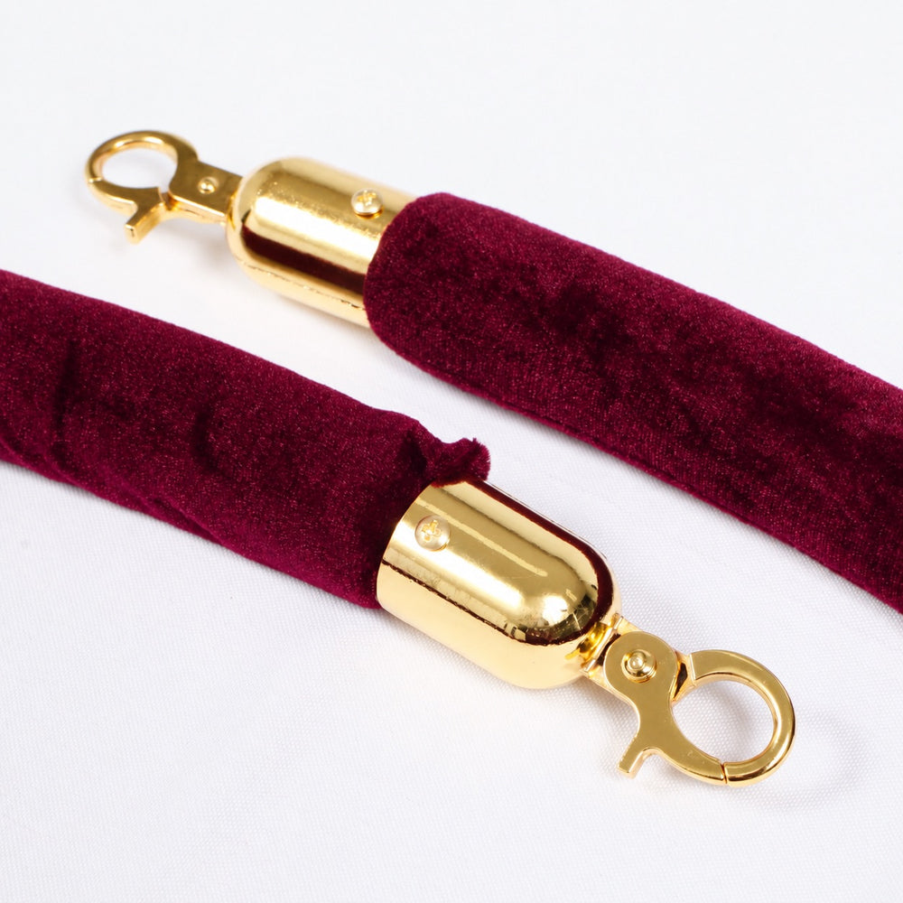 Bollard Velvet Rope - Burgundy (Gold Clips), close up