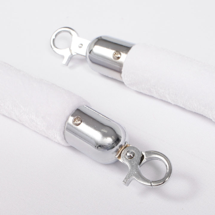 Bollard Velvet Rope - White (Silver Clips), close up of clips