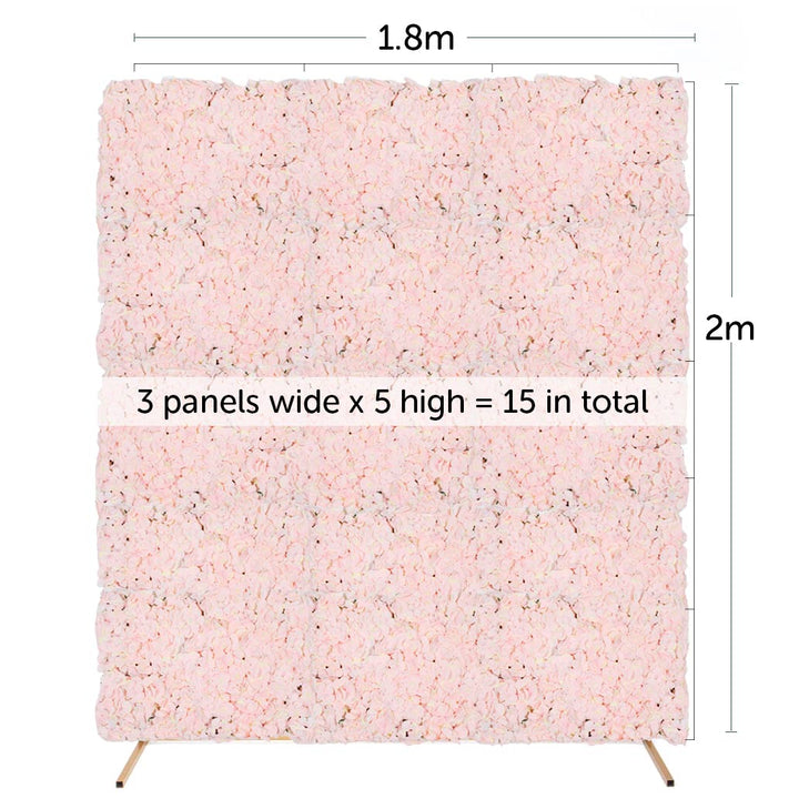 Flower wall combo measurements 1.8m wide by 2m high uses 15 flower panels