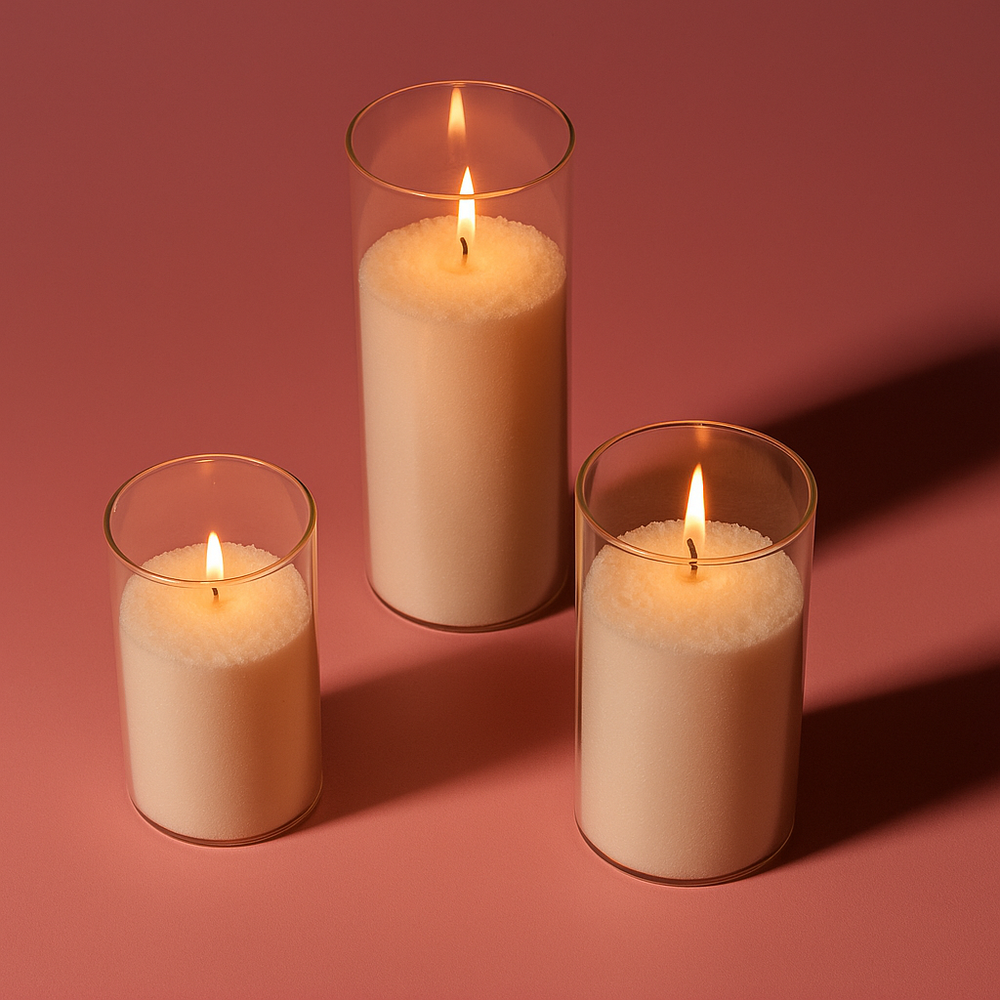 Three sand candles with white wax are burning inside clear glass holders. They are arranged on a matte pink surface, casting gentle shadows to the right.