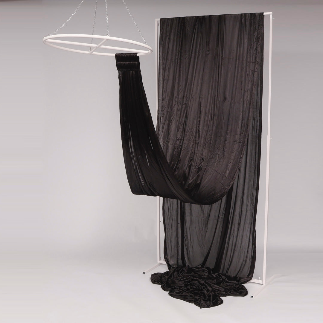 Ceiling Drape Ice Silk Satin - Black (10m) with velcro end attached to celing ring