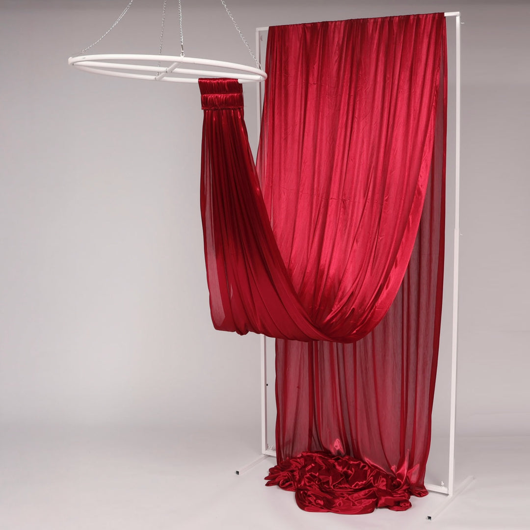 Ceiling Drape Ice Silk Satin - Burgundy (10m) with velcro end attached to celing ring