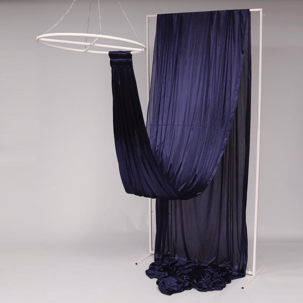 Ceiling Drape Ice Silk Satin - Navy (10m) with velcro end attached to ceiling ring