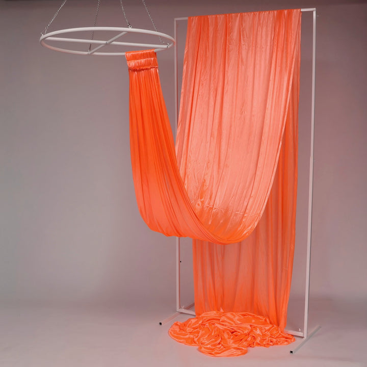Ceiling Drape Ice Silk Satin - Orange (10m) with velcro end attached to ceiling ring