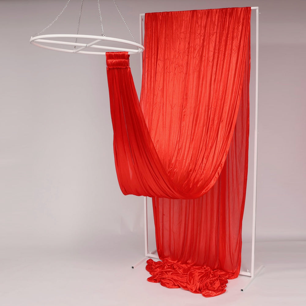 Ceiling Drape Ice Silk Satin - Red (10m) with velcro end attached to ceiling ring
