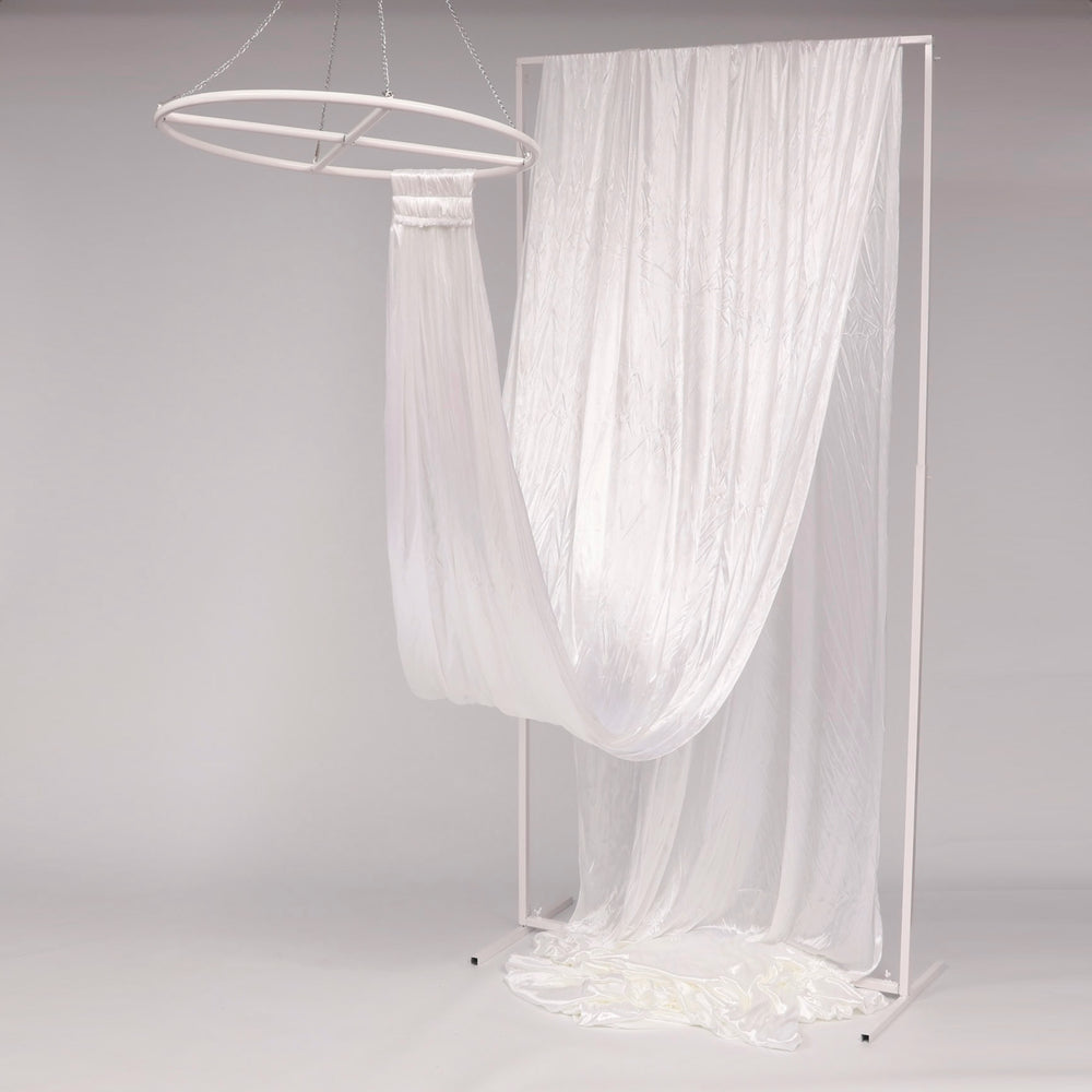 Ceiling Drape Ice Silk Satin - White (10m) with velcro end attached to celing ring