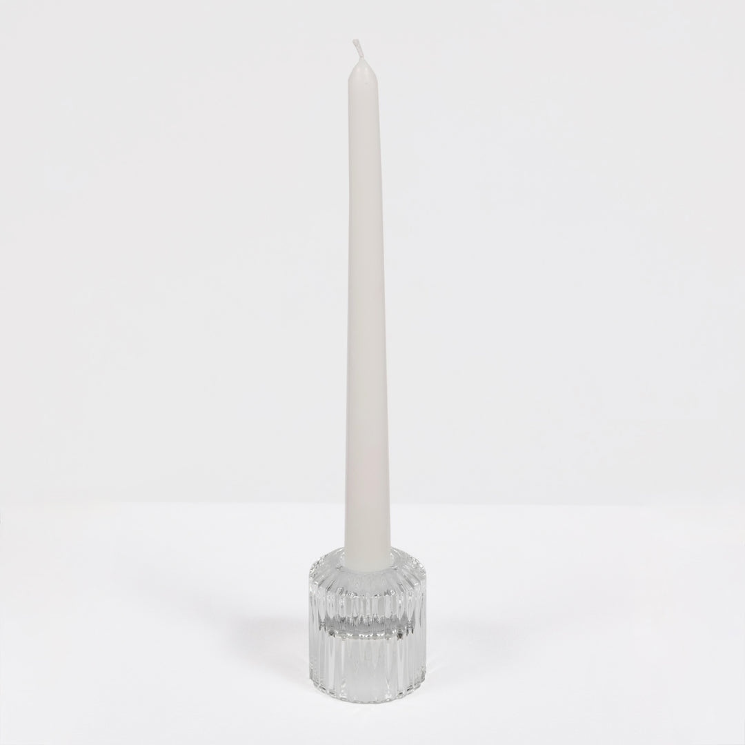 Reversible Glass Tea Light and Taper Candle Holder - Ribbed Drum (Style 2) with taper candle