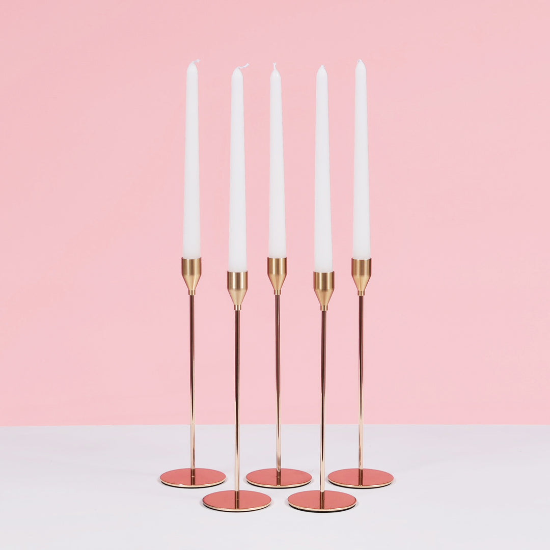 Taper Candle Holders Classic Flared Style - Gold (28cm), set of 5 taper candle holders with white taper candles