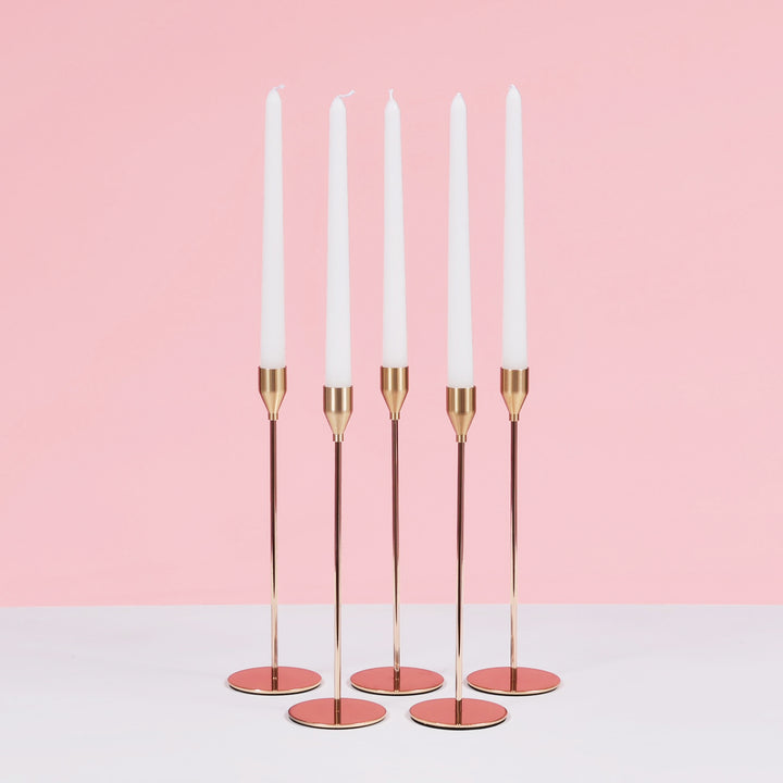 Taper Candle Holders Classic Flared Style - Gold (28cm), set of 5 taper candle holders with white taper candles
