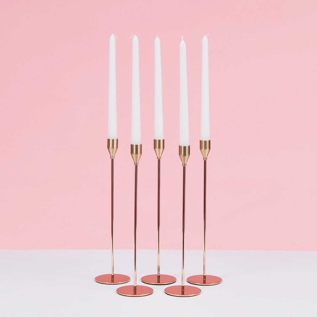 Taper Candle Holders Classic Flared Style - Gold (33cm), set of 5 candle holders with white taper candles