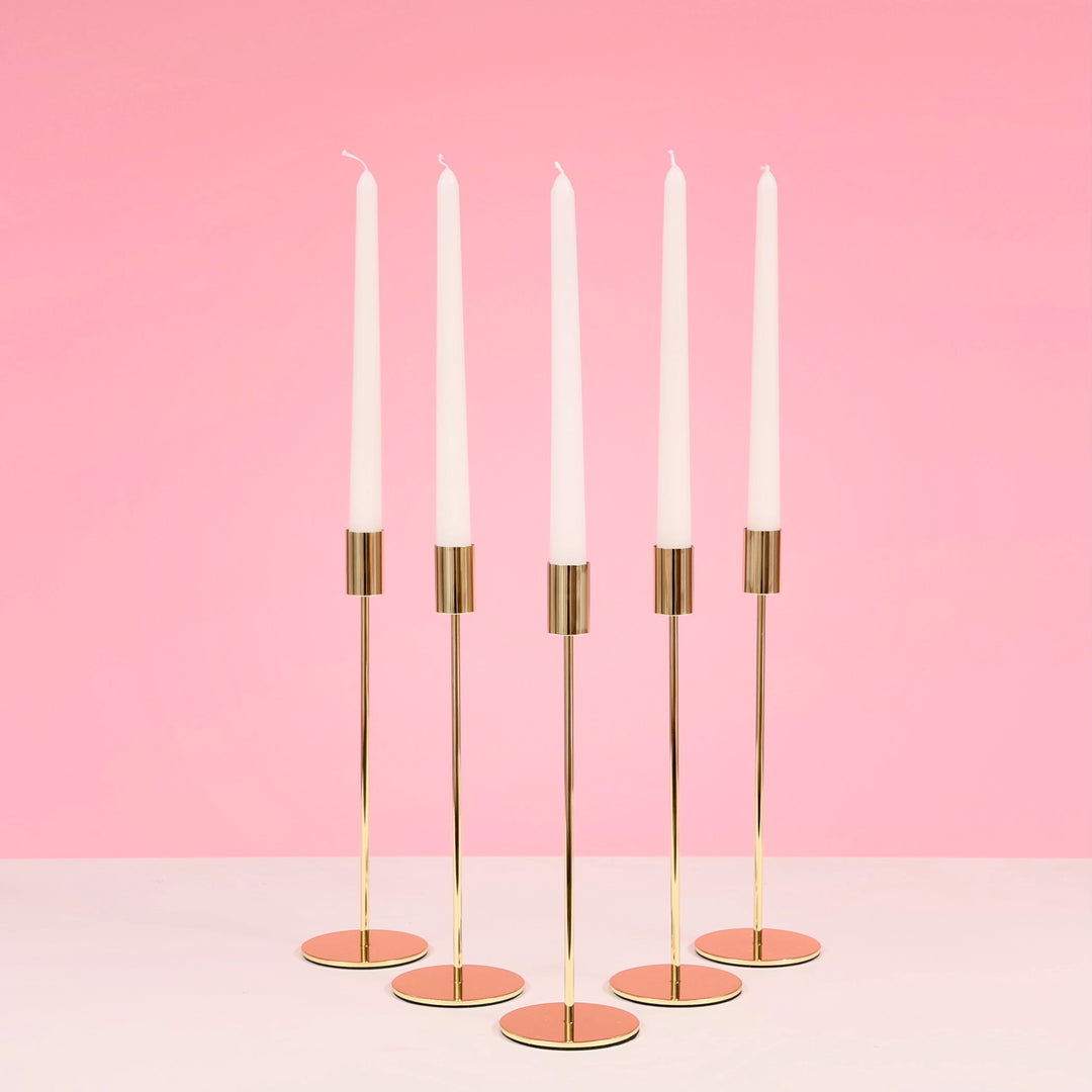 Taper Candle Holders Modern Straight Style - Gold (28cm) with five candle holders and taper candles example