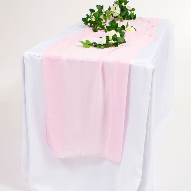 Light Pink Chiffon Table runner on white tablecloth with flower vine
