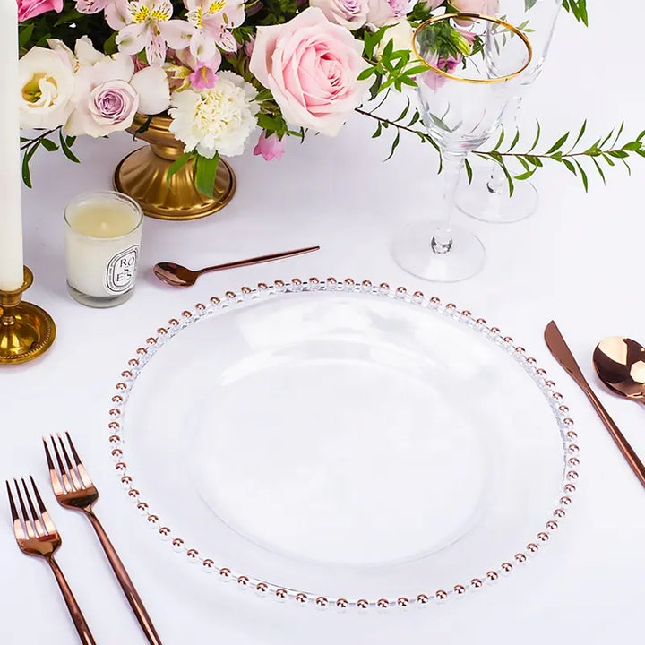 Clear Beaded Charger Plate Set - Rose Gold (33cm) in setting