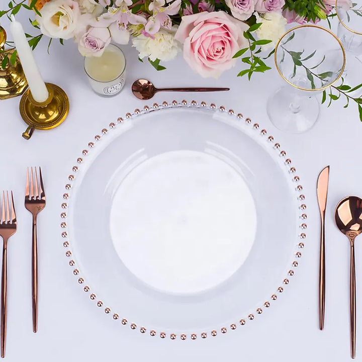 Clear Beaded Charger Plate Set - Rose Gold (33cm) in setting