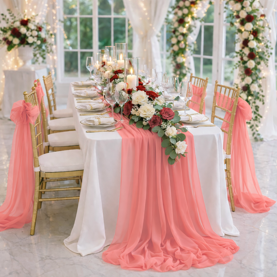 Coral Chiffon Table Runner 70x300cm Styled Image 