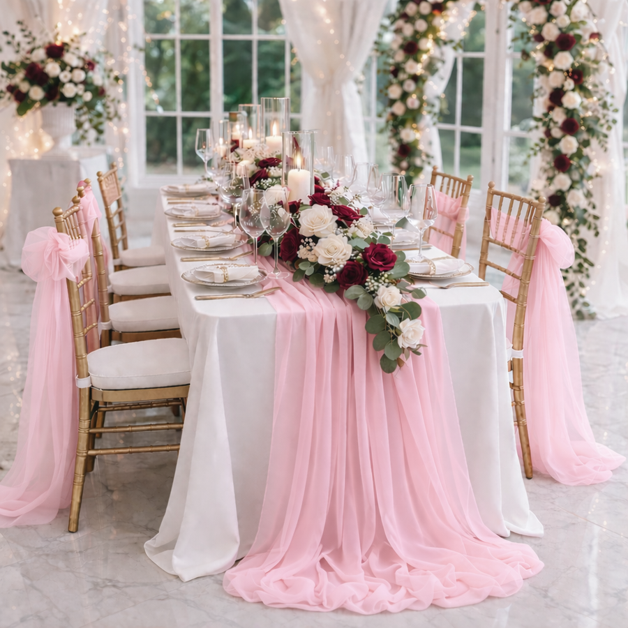 Light Pink Chiffon Table Runner 70x300cm Styled Image 