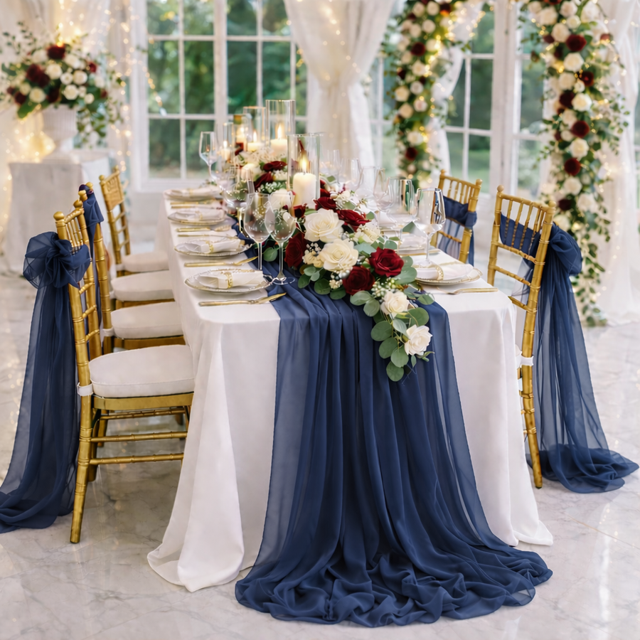 Navy Chiffon Table Runner 70x300cm Styled Image 
