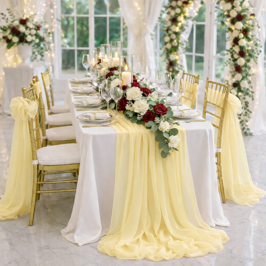 Pale Yellow Chiffon Table Runner 70x300cm Styled Image 