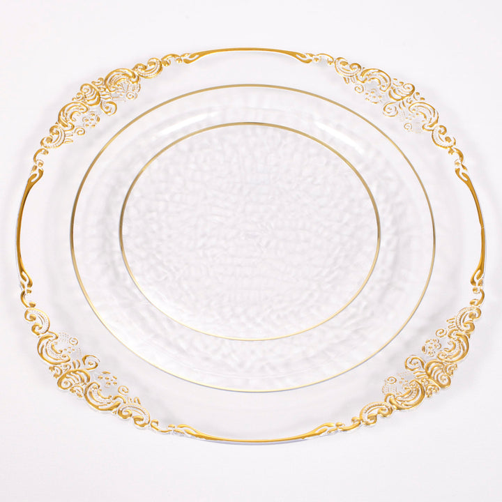 Plastic Dinner Plate - Clear with Gold Trim (26cm) with charge plate