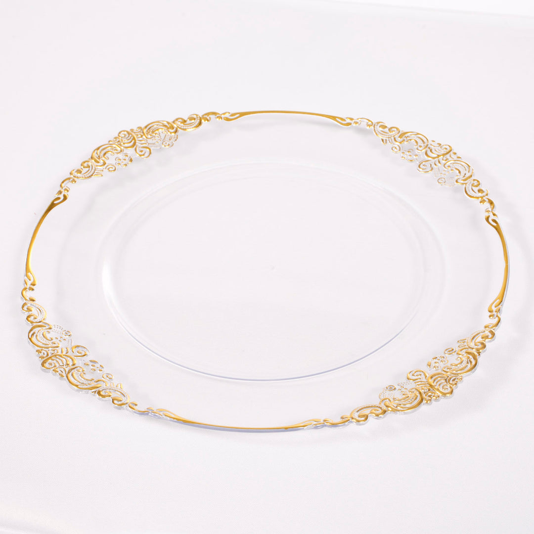 Charger Plate - Clear with Antique Gold Trim (33cm) side angle