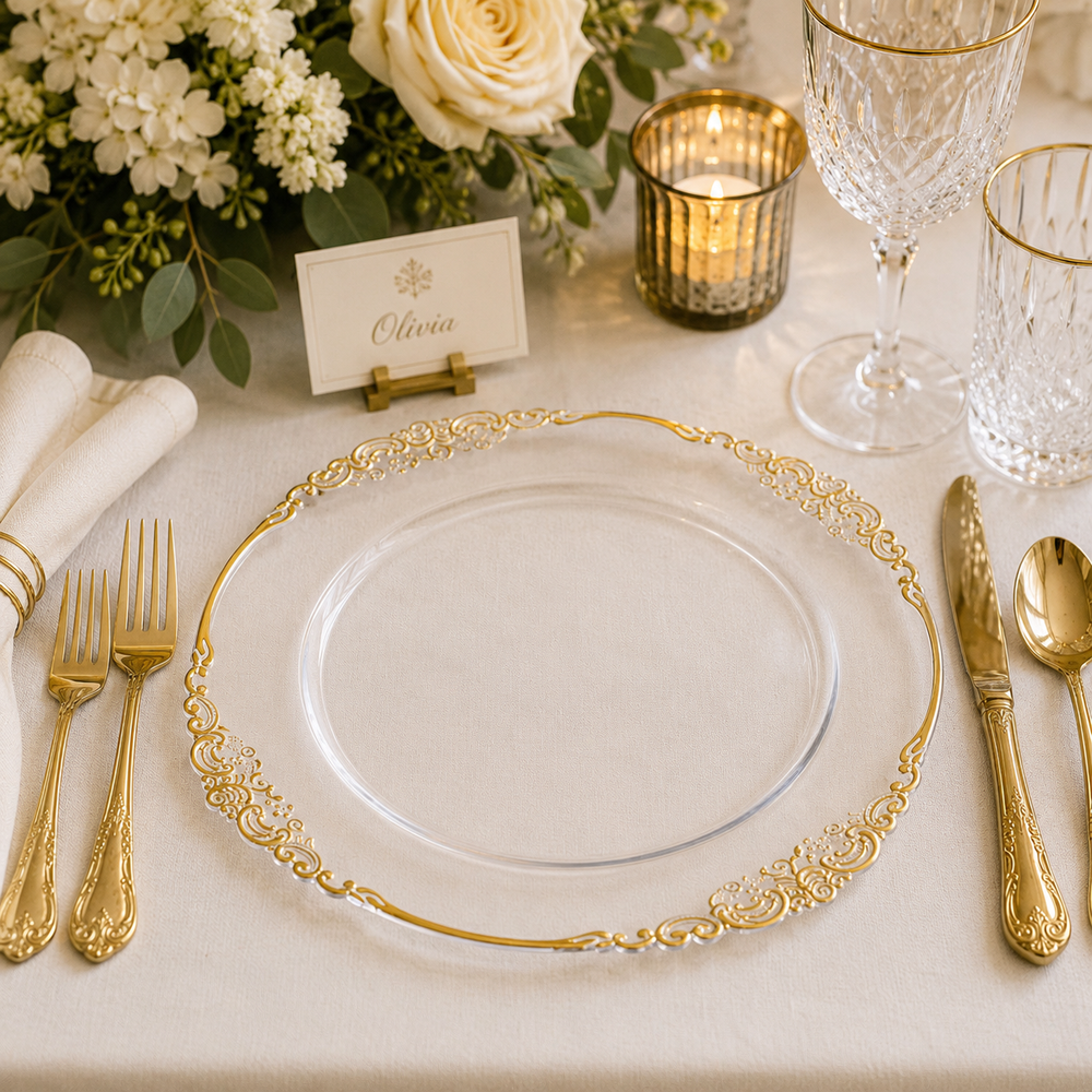 Charger Plate - Clear with Antique Gold Trim (33cm) ambient setting 1