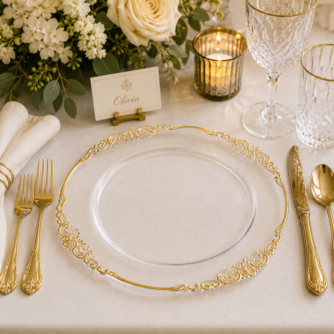 Charger Plate - Clear with Antique Gold Trim (33cm) ambient setting 1