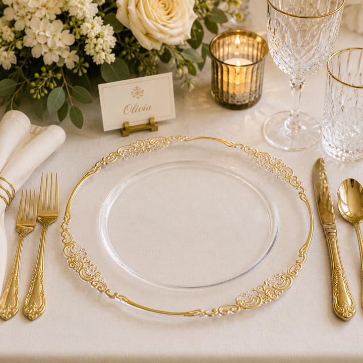 Charger Plate - Clear with Antique Gold Trim (33cm) ambient setting 1