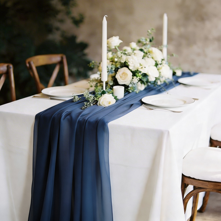 Navy Chiffon Table Runner 70x300cm Styled Image 