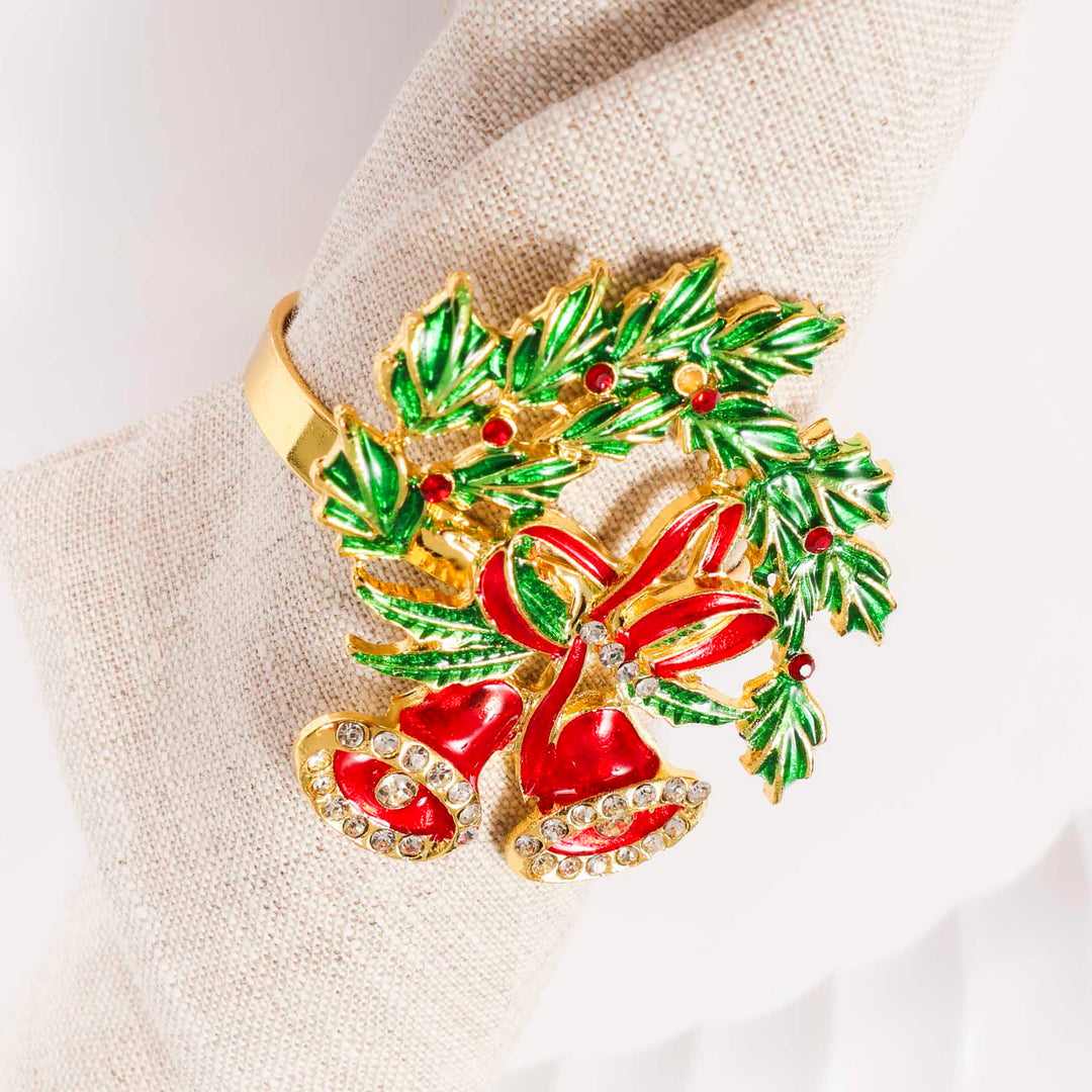 Christmas Napkin Ring - Bells attached to 100% linen napkin a