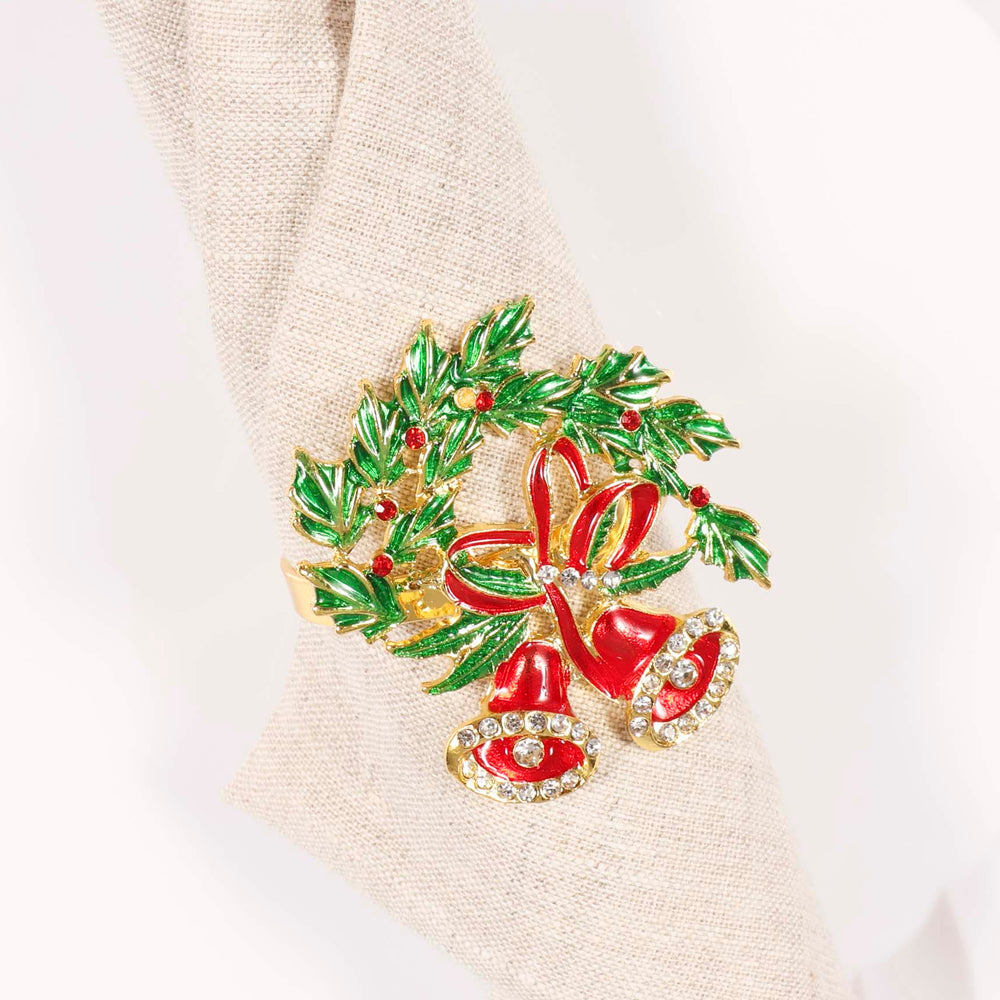 Christmas Napkin Ring - Bells attached to 100% linen napkin b