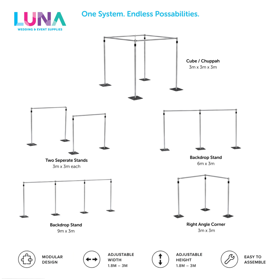 An infographic showing different configurations of our cube backdrop stand system. It displays five configurations: Cube (3m x 3m), Two Separate Stands (3m x 3m each), 6m x 3m, 3m Bays in a Row (up to 3 bays), and Right Angle Corner.