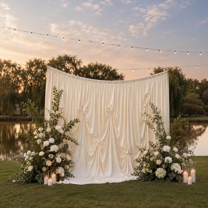 An elegant outdoor wedding with curved backdrop, featuring a draped cream fabric and lush white floral arrangements, lit candles, set against a lake at sunset.