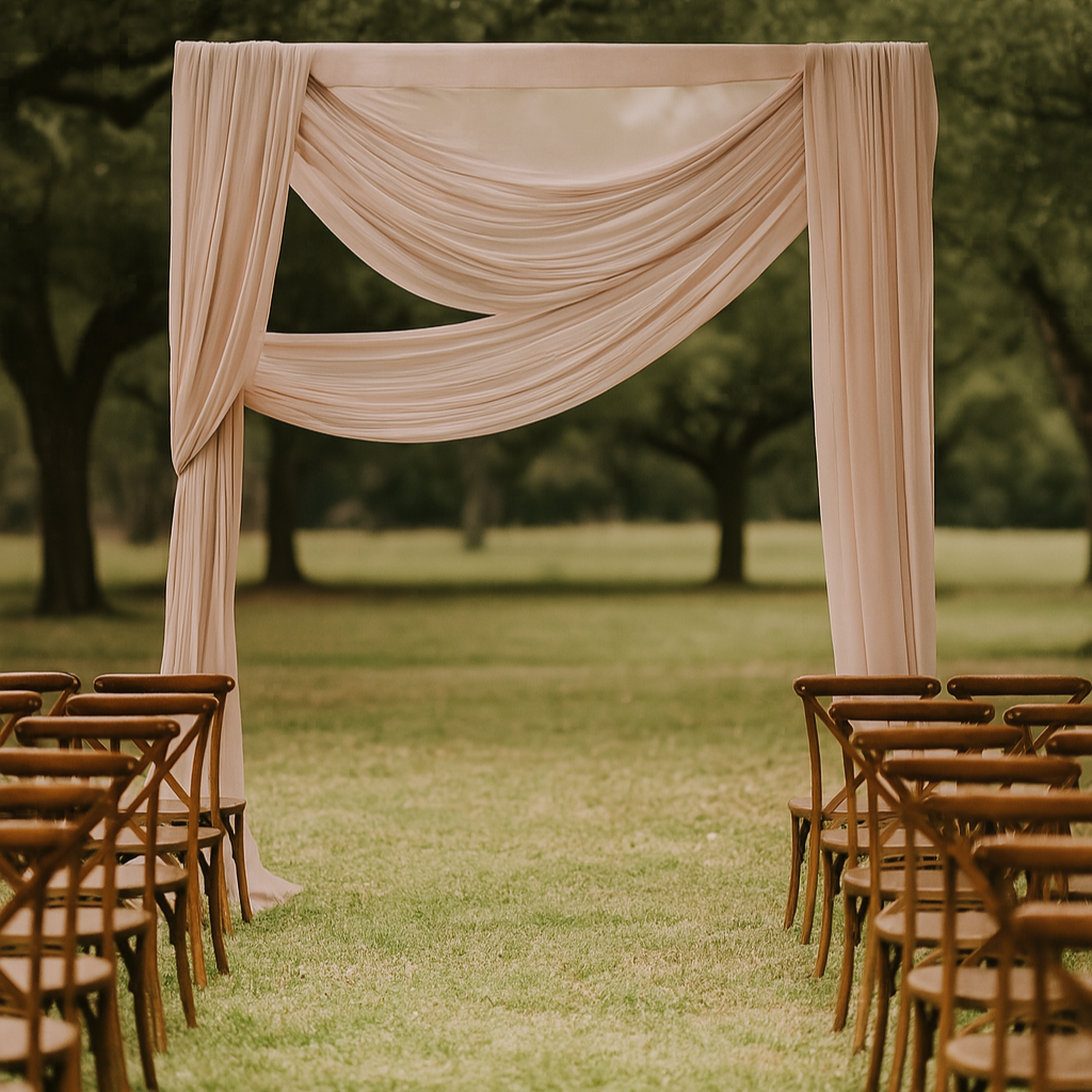 Taupe chiffon drape used at alter in outdoor wedding